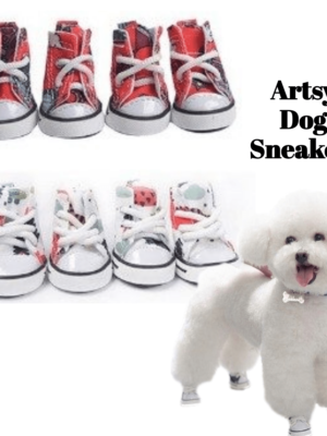 white-bichon-frise-next-to-2-pairs-of-artsy-dog-sneakers