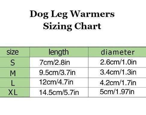 Dog Leg Warmers Sizing Chart