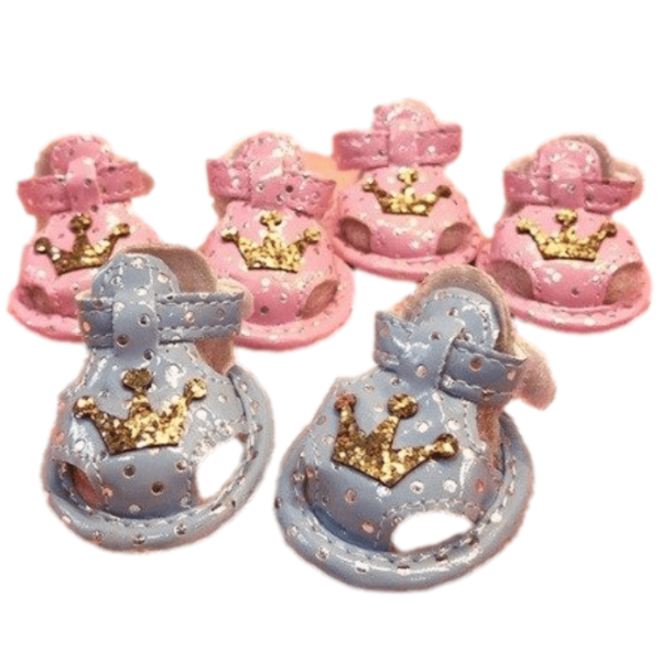 Pink-and-blue-dog-sandals-with-gold-sparkle-crowns