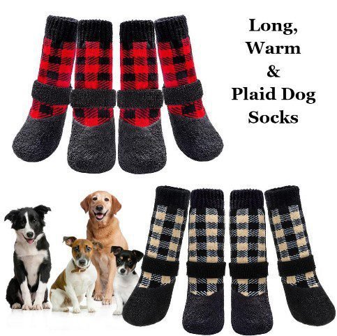 red black and beige long plaid dog socks