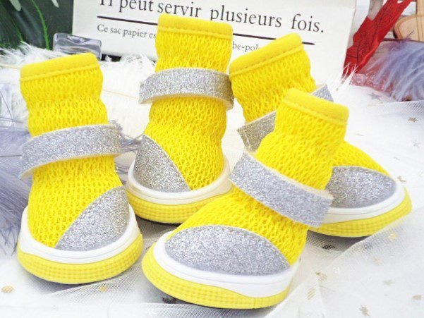 yellow silver and white dog boots